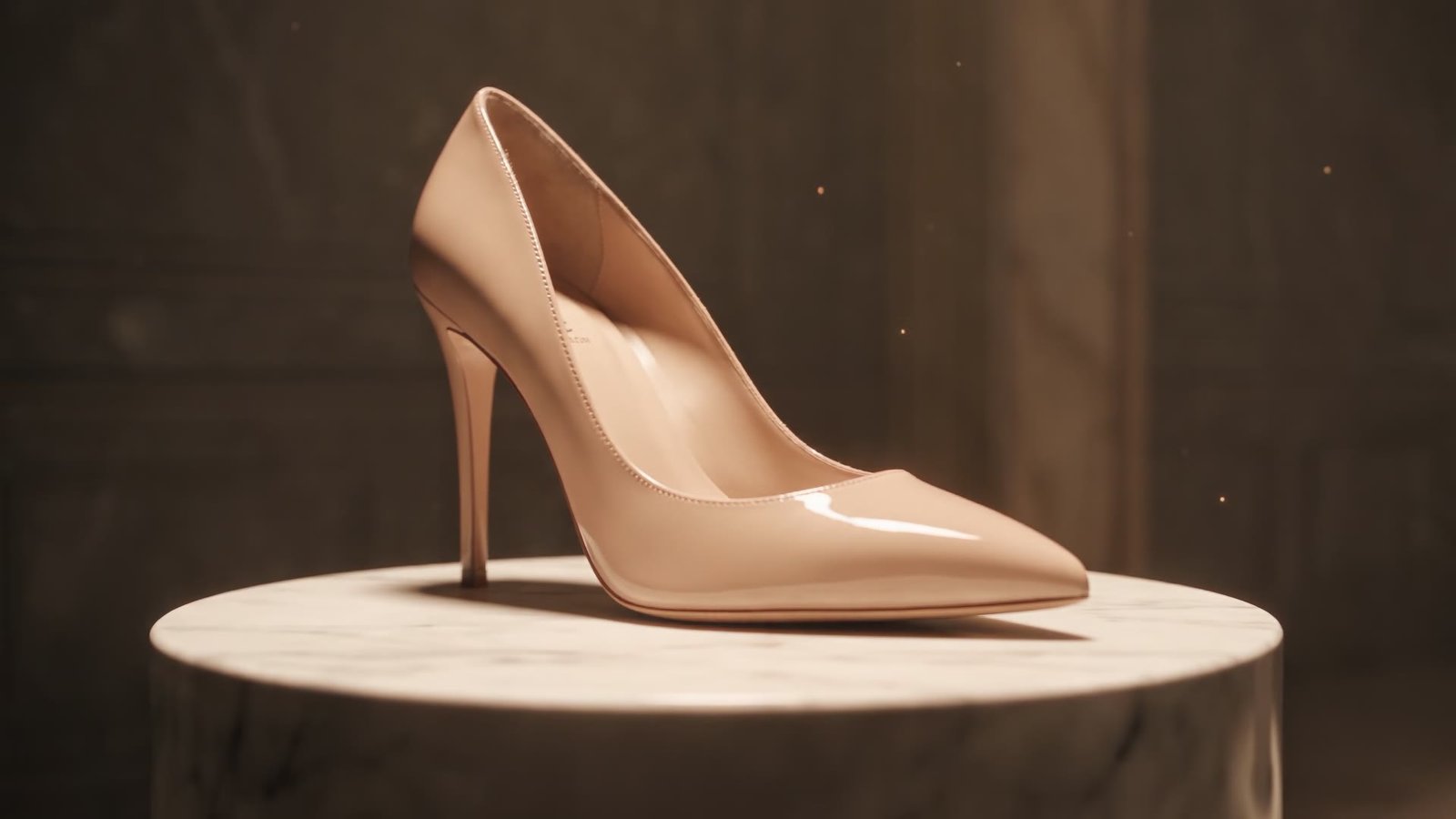 The nude stiletto resting on its pedestal under a warm spotlight.